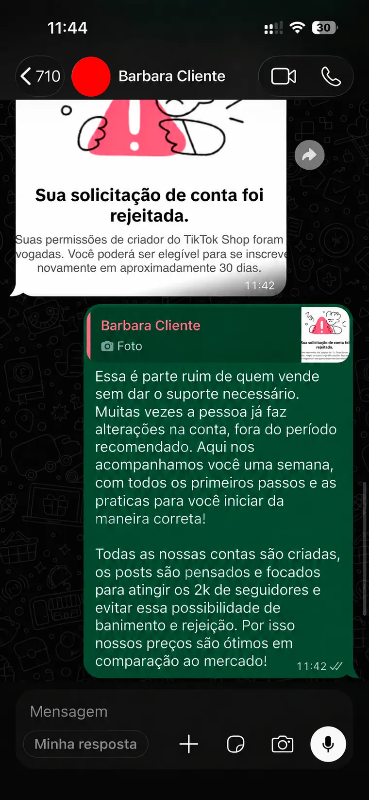 Print de uma conta comprada em outro fornecedor, com solicitação rejeitada